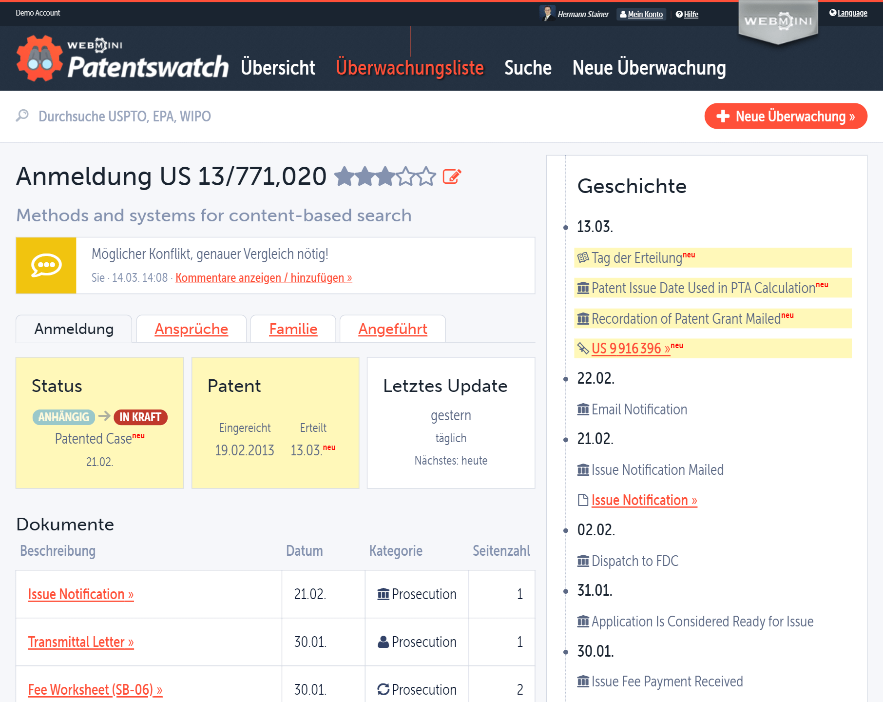 Sympatent PatentsWatch Software zur Überwachung von Patentanmeldungen